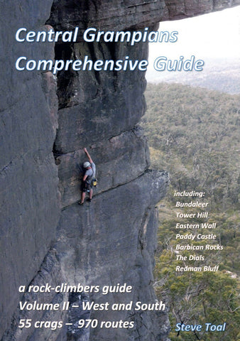 A climber scaling a rock wall with the Central Grampians Comprehensive Climbing Guide Vol. 2 from Crash Dog Publications in hand.