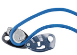 A blue climbing rope threaded through a Petzl Gri Gri assisted braking belay device.
