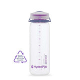 A clear reusable water bottle with a purple lid and a measurement scale on the side. The Hydrapak Recon 750ml Bottle features the Hydrapak logo and a mark indicating it is made from 50% recycled plastic, making it perfect sustainable outdoor gear.