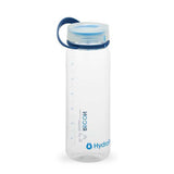 A clear recycled plastic water bottle with a blue screw-on lid and a carrying loop. The bottle is labeled "Hydrapak Recon 750ml Bottle" with measurement markings on the side, making it perfect sustainable outdoor gear from Hydrapak.