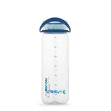 A clear recycled plastic water bottle with a blue screw-on lid and a dark blue carrying loop, featuring measurement markings in milliliters and the brand label "Hydrapak Recon 750ml Bottle.