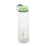 The Hydrapak Recon 1 Litre Bottle by Hydrapak is a sustainable, clear water bottle made from recycled plastic. It features measurement markings, a twist cap with a green lid, and a handle for easy carrying.