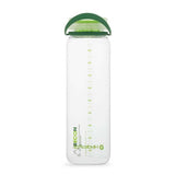 The Hydrapak Recon 1 Litre Bottle by Hydrapak is a sustainable option made from recycled plastic, featuring a green lid and handle. It includes volume markings in milliliters and ounces on the side for easy measurement.