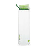 The Hydrapak Recon 1 Litre Bottle is a clear, rectangular water bottle featuring a green twist cap, crafted from recycled plastic for eco-friendliness.