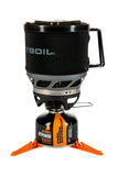 The Jetboil Minimo Cooking Stove is a backpacking system with FluxRing technology, featuring a black insulated pot on a fuel canister with orange stabilizer legs. Brand logo and text on the pot and canister enhance its sleek design.
