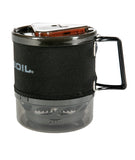 The Jetboil MiniMo Cooking Stove is compact and black, featuring a handle, branded sleeve, semi-transparent base, and FluxRing technology for efficient heating during backpacking trips.