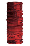 Red multifunctional headwear with black cave painting designs and text "Headsox Wildlife Conservation" by Headsox.