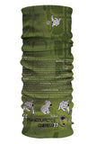 Stretchy microfibre fabric Headsox Wildlife Conservation neck gaiter featuring illustrations of prehistoric creatures and scientific text in a diagrammatic style.