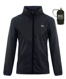A black, packable waterproof jacket with a front zipper and the text "Mac In a Sac" on the chest, shown alongside a small, black carry bag with the same text printed on it.