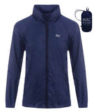A navy blue breathable Mac In a Sac Rain Jacket with a front zipper, high collar, and two side pockets. The jacket, designed for ultimate convenience, comes with a compact storage sack printed with "Mac in a Sac.