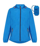 Bright blue **Mac In a Sac Rain Jacket** by **Mac In a Sac** with a hood, front zipper, and two zippered pockets, displayed next to its compact, matching blue drawstring bag.