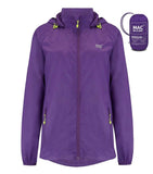 Purple "Mac In a Sac Rain Jacket" from Mac In a Sac, breathable rain jacket with hood and front zipper, featuring yellow zipper pulls, displayed alongside its compact carry bag.