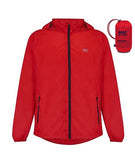 A red breathable Mac In a Sac Rain Jacket with a hood, zippered pockets, and the text "Mac In a Sac" on the chest. The jacket is shown alongside its compact, matching red storage bag.