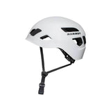 The Mammut Skywalker 3.0 climbing helmet, in white with black ventilation slots and an adjustable chin strap, features hybrid construction for sustainable protection during your climbing adventures.