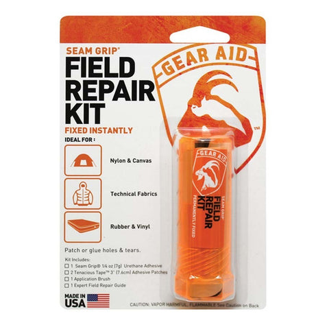 A Gear Aid Repair Kit for fixing tears in outdoor gear fabrics, including nylon and canvas.