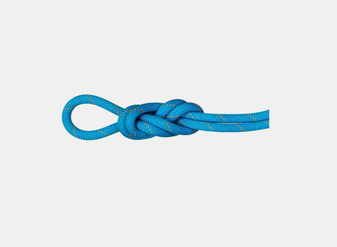 A neatly tied figure-eight knot in a blue Mammut 9.9 Gym Workhorse Dry Rope against a white background.