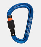 A Mammut Classic medium-size blue pear-shaped HMS Screwgate Carabiner featuring a black screw locking mechanism and the word "CLASSIC" printed on the top.