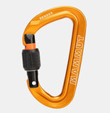 The Mammut Sender Screwgate Carabiner, featuring an orange body and black screw-locking mechanism, offers lightweight convenience.
