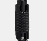 Close-up of a black, cylindrical device featuring a textured grip and visible mechanism, reminiscent of the precision seen in the Mammut Sender Twistlock Carabiner. Its design suggests an extra-lightweight build with a twist-lock closure for enhanced security.