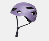 A purple Mammut Skywalker 3.0 helmet featuring black adjustable straps and ventilation openings, offering sustainable protection for climbing adventures, displayed on a white background.
