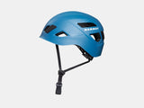 A blue Mammut Skywalker 3.0 climbing helmet from the brand Mammut, featuring black ventilation holes and an adjustable chin strap, set against a plain white background. The helmet is designed with hybrid construction for enhanced impact protection.