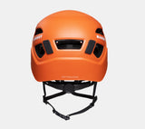 A rear view of the orange Mammut Skywalker 3.0 helmet labeled "MAMMUT." The helmet features ventilation openings, an adjustable strap, and hybrid construction for superior impact protection. The model name "SKYWALKER 3.0" is printed near the bottom of the helmet.