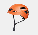 Orange Mammut Skywalker 3.0 climbing helmet with an adjustable black chin strap, legendary impact protection, and a ventilated design.