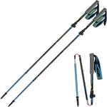 A pair of blue and black Masters Trecime Adjust Aluminum 35-130cm telescopic trekking poles, extended and folded, with ergonomic grips and wrist straps.