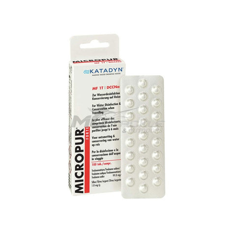 A package of Katadyn Micropur Forte 100 tablets displayed with one blister pack partially visible.