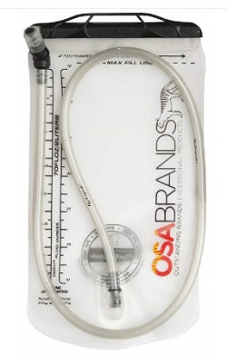 A Hydrapak OSA Hydration Bladder 2L with tubing and measuring marks on the side, labeled with the logo "osa brands.