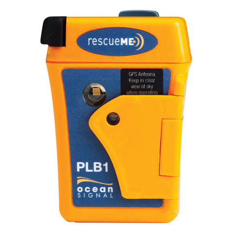A bright yellow Ocean Signal RescueMe PLB personal locator beacon with a blue and black label, featuring a GPS antenna and activation button, compatible with the Cospas Sarsat satellite system.