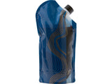 The Platypus Platypreserve™ 800ml by Platypus is a blue and gold swirl-patterned pouch featuring a black cap, designed to stand upright as the ideal portable wine container while preserving flavor with its airtight barrier.