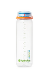 The Hydrapak Recon 1 Litre Bottle, made from recycled plastic, features a secure twist cap, measurement markings, and vibrant orange and blue accents.