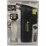 The Soto Pocket Torch by Soto is a wind-resistant burner with a refillable lighter, packaged in black and labeled with product details. Achieves a flame temperature of 1300°C—ideal for outdoor use.