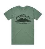 The Absolute Outdoors Men's Grampians Peaks Trail Tee by Machine Printers is a green T-shirt with a black graphic of the Grampians Mountains and the text "Grampians Peaks Trail" and "Hike. Bike. Repeat.