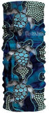 A blue and black turtle painted using Headsox Australian Indigenous Art techniques, set against a vibrant blue background.