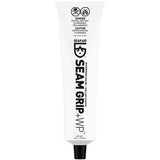 A white tube labeled "Gear Aid Seam Grip Waterproof Sealant & Adhesive" waterproof sealant and flexible repair adhesive with caution symbols indicating it's flammable and harmful. Tube is 1 oz.