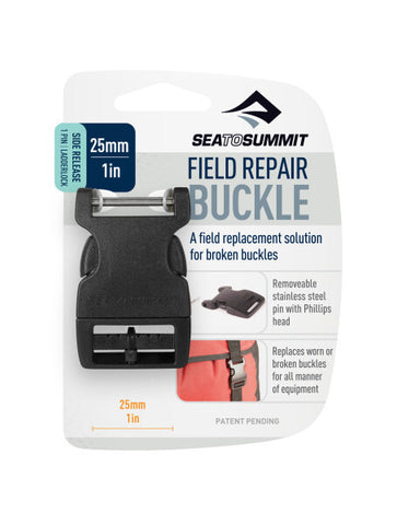 A Sea to Summit Field Repair Buckle - Side Release packaging featuring a black buckle, adjustable webbing, and a removable screwdriver on a white and blue card.