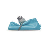 A crumpled, blue HydraPak Stow Bottle 1L with a gray cap and spill-proof nozzle rests on a white background, ready to be your perfect trail companion.