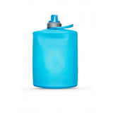 The HydraPak Stow Bottle 500ML is a blue collapsible bottle with a screw-on cap, spill-proof nozzle for easy sipping, and features a water droplet logo on the front.