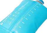 A close-up of the HydraPak Stow Bottle 500ML, a blue flexible water bottle with durable construction, features milliliter measurement markings and usage instructions.