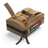 The Survival Snake Bite First Aid Kit by Survival First Aid is a robust and compact brown pouch labeled "SURVIVAL KIT SNAKE BITE." It comes with a zipper and strap, making it perfect for outdoor use. This kit includes a snake bite first aid smart bandage to help you stay prepared for emergencies in nature.
