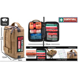 Introducing the Survival Snake Bite First Aid Kit by Survival First Aid, a durable and compact solution for emergencies. This kit, weighing 555g and measuring 18x12x9cm, features multiple compartments filled with bandages and essential medical supplies. It includes a smart bandage, splint, and a waterproof zip for added protection.