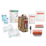 The Survival Snake Bite First Aid Kit by Survival First Aid includes a durable and compact tan bag that holds bandages, a smart bandage, a splint, gloves, a marker, gauze, and an instruction sheet neatly arranged on a white background.