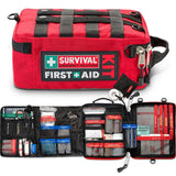 A red **Survival Workplace First Aid Kit** by **Survival First Aid** is open to display its contents, including bandages, gauze, scissors, antiseptic wipes, and other medical supplies. The kit features black straps with a carry handle and utilizes the water-resistant MOLLE system for versatile attachment options.