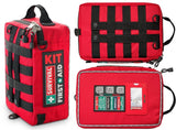 A red, water-resistant first aid kit with black straps, labeled "Survival First Aid Survival Workplace First Aid Kit." It has a carrying handle and features a MOLLE system for easy attachment. The kit is shown from multiple angles, showcasing its compact and organized design.