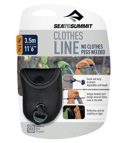 Sea to Summit The Clothesline packaging with no pegs needed, featuring a compact, adjustable beaded cord design and reflective details for night visibility.