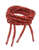 Coiled Tobby red and white speckled braided polyester rope with visible frayed ends, isolated on a white background.