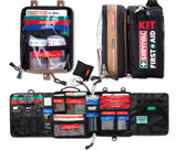 The Survival First Aid Kit by Survival First Aid is a compact travel set featuring supplies like bandages, ointments, and anti-bite packs. It includes a SMART Bandage for fast healing, all neatly organized in a foldable black and tan case with clear pockets.