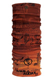 A red multi-functional Headsox Wildlife Conservation with black printed designs featuring birds, a compass, and the text "aquila audax," made from stretchy microfibre fabric.